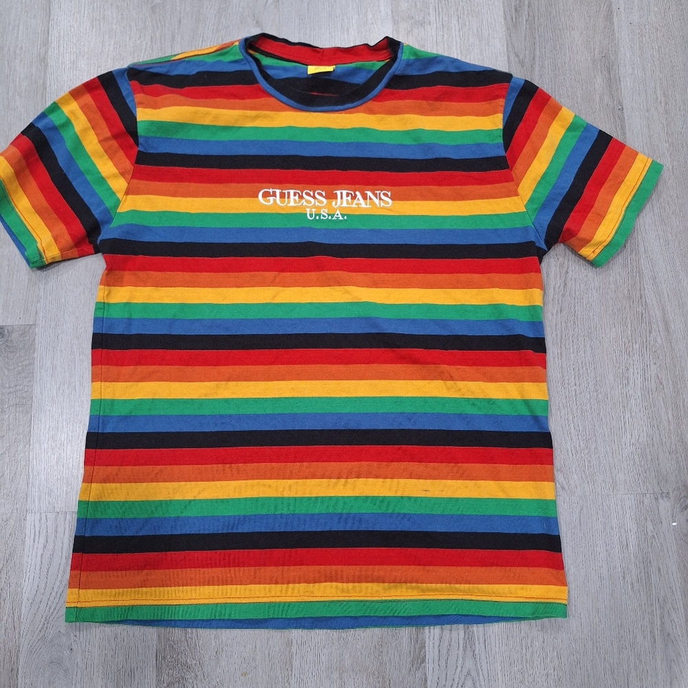 Guess Jeans USA Rainbow Striped T-Shirt - Size L
